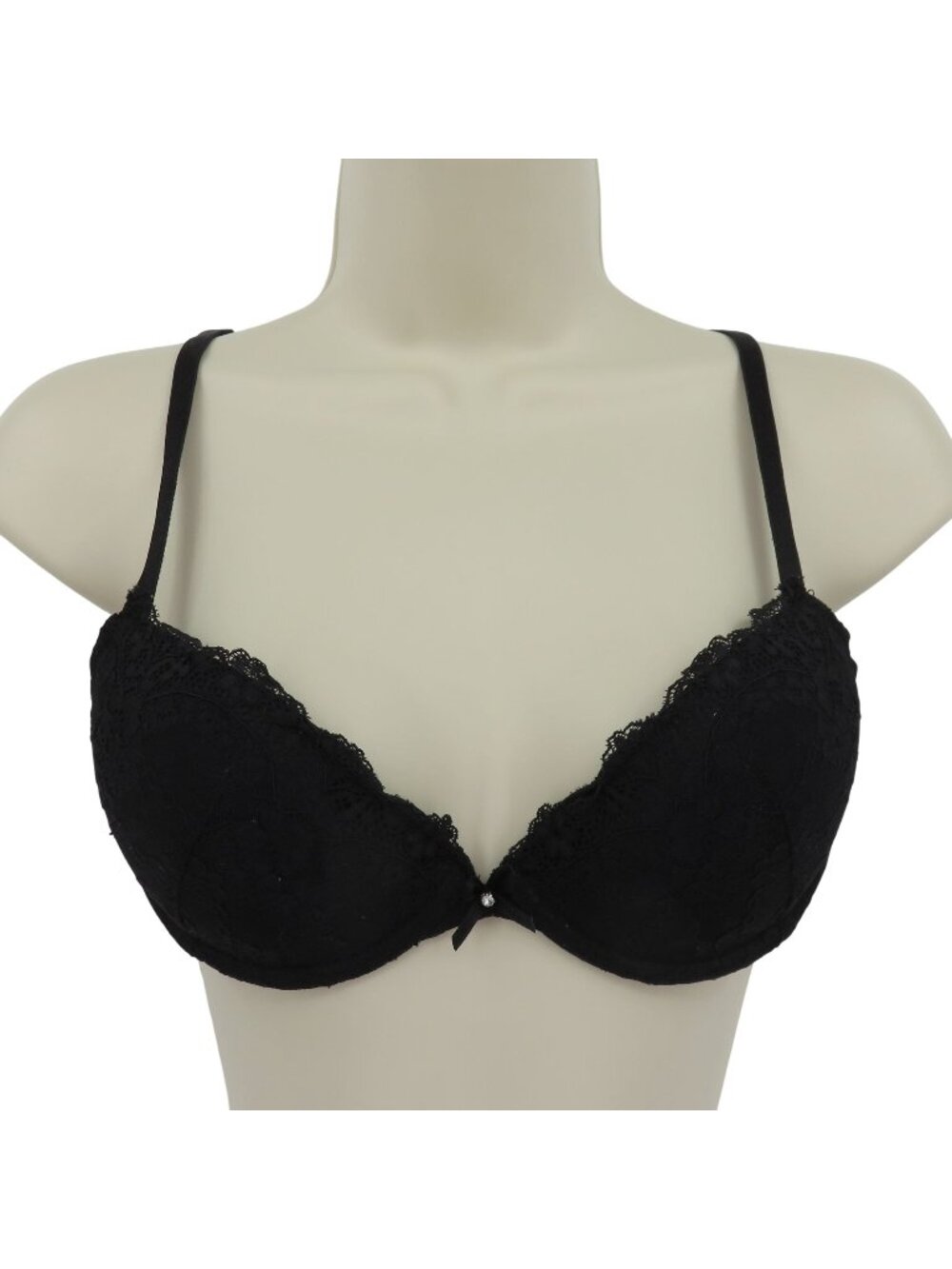 H&M 36A Bra Black Flower Floral Lace Underwire Padded Lined Rhinestone Bow Women